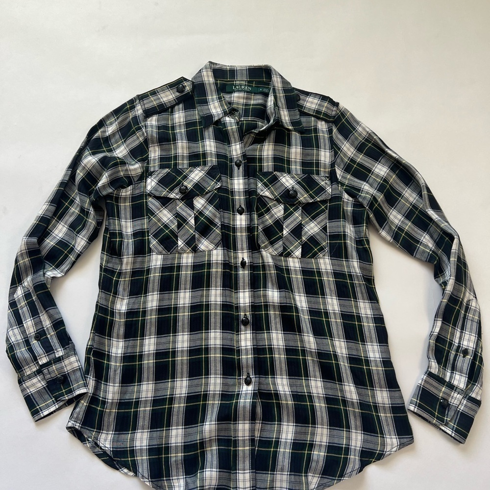 Polo Ralph Lauren Womens Plaid Button Up Blouse Shirt Silk blend Small Holiday